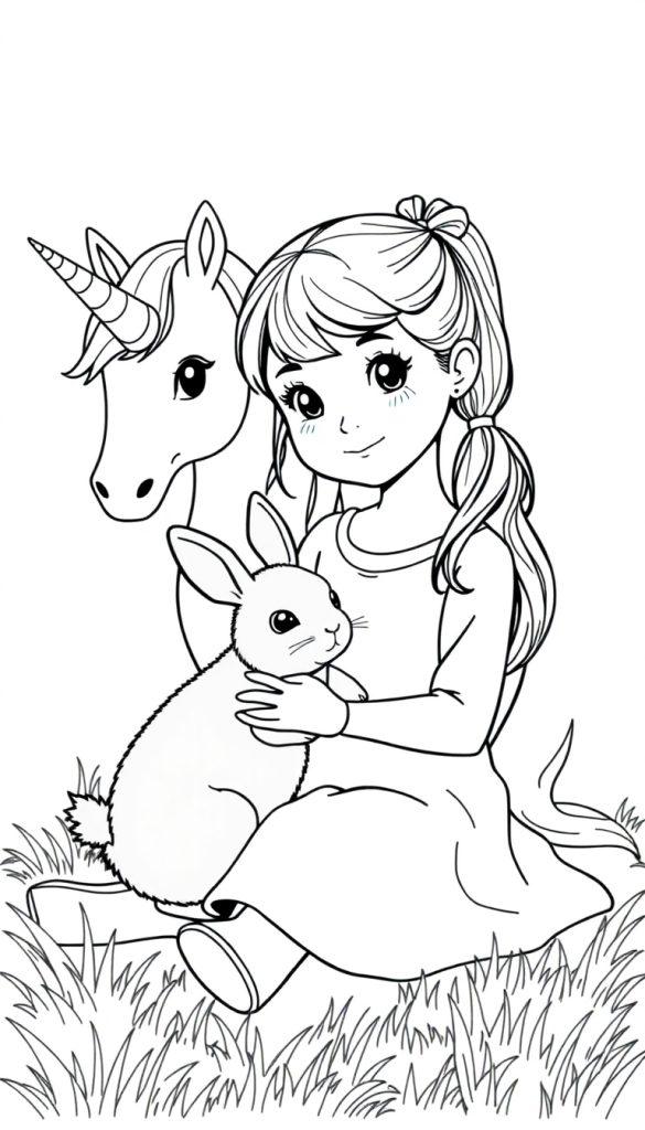 Kleurplaat van een meisje met een paardestaart dat een konijn knuffelt terwijl een vriendelijke eenhoorn toekijkt.