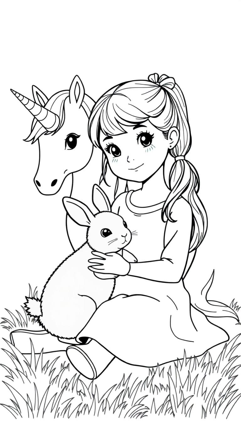 Kleurplaat van een meisje met een paardestaart dat een konijn knuffelt terwijl een vriendelijke eenhoorn toekijkt.