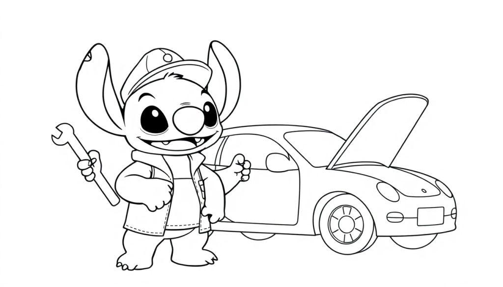 Een schattige kleurplaat van Stitch als automonteur, met een sleutel in zijn hand en een auto met open motorkap.