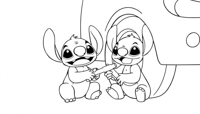 Een vrolijke kleurplaat van twee lachende wezentjes met grote oren, die samen een staaf vasthouden.