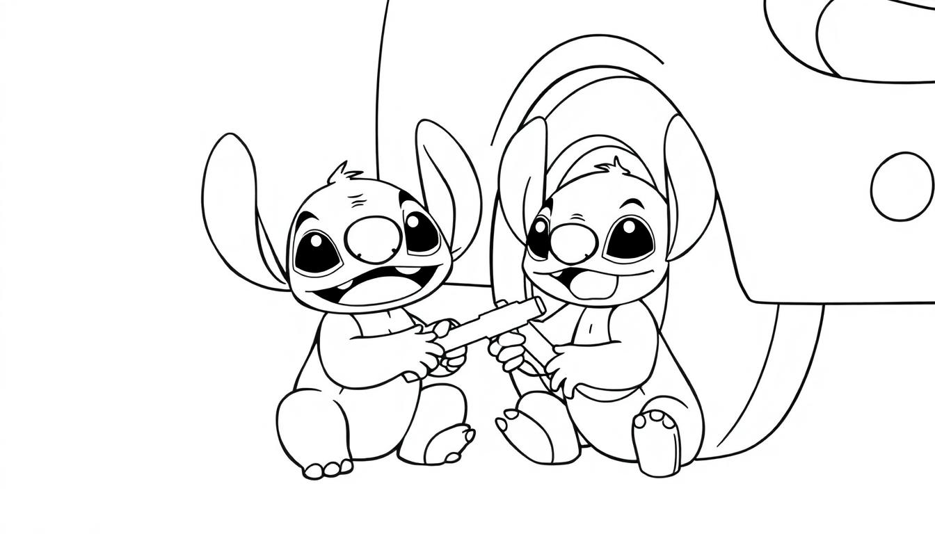 Een vrolijke kleurplaat van twee lachende wezentjes met grote oren, die samen een staaf vasthouden.