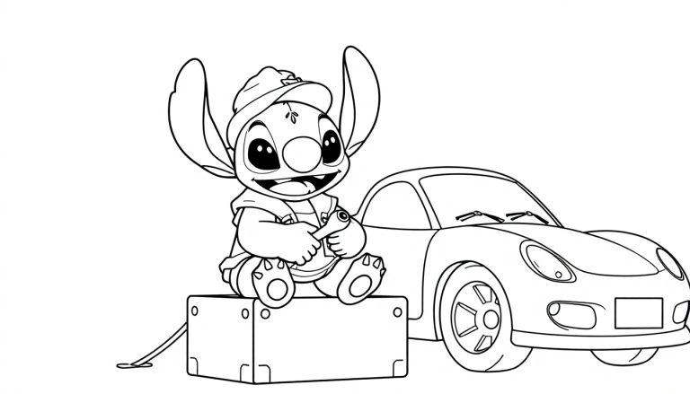 Kleurplaat van Stitch als een vrolijke automonteur met een gereedschap en een auto op de achtergrond.