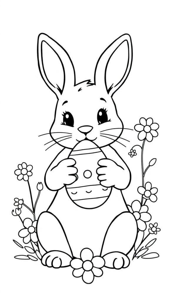 Kleurplaat van een schattig konijn dat een paasei vasthoudt, omringd door bloemen.