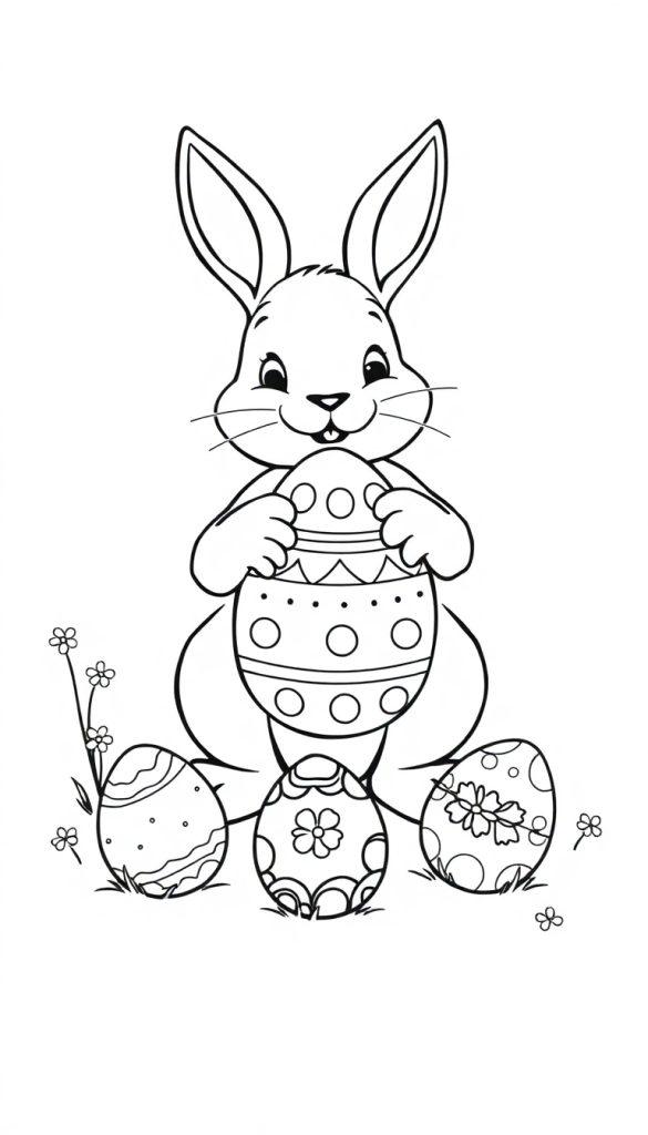 Kleurplaat van een lachend konijntje dat een paasei vasthoudt, omringd door versierde paaseieren en bloemen.