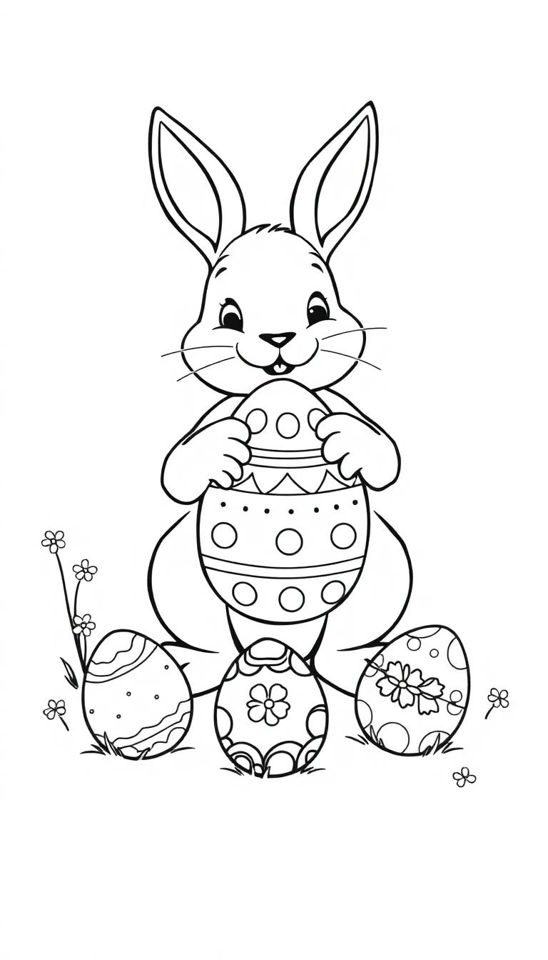 Kleurplaat van een lachend konijntje dat een paasei vasthoudt, omringd door versierde paaseieren en bloemen.