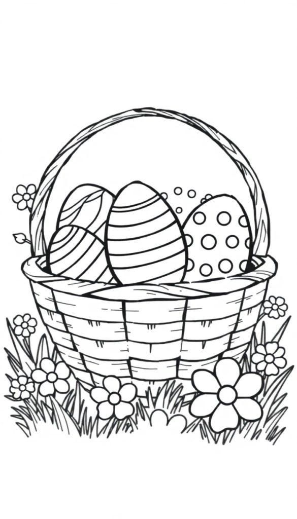 Kleurplaat van een mand vol versierde paaseieren met bloemen en gras eromheen.