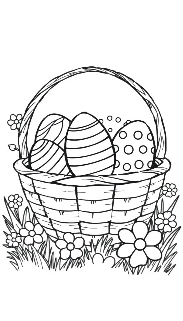 Kleurplaat van een mand vol versierde paaseieren met bloemen en gras eromheen.