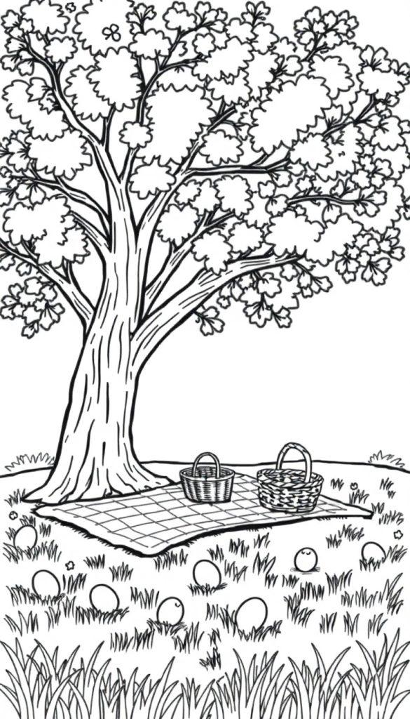 Een kleurplaat van een grote boom met een picknickkleed, manden en paaseieren op een grasveld.