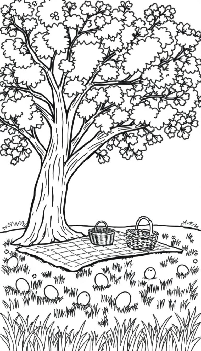 Een kleurplaat van een grote boom met een picknickkleed, manden en paaseieren op een grasveld.