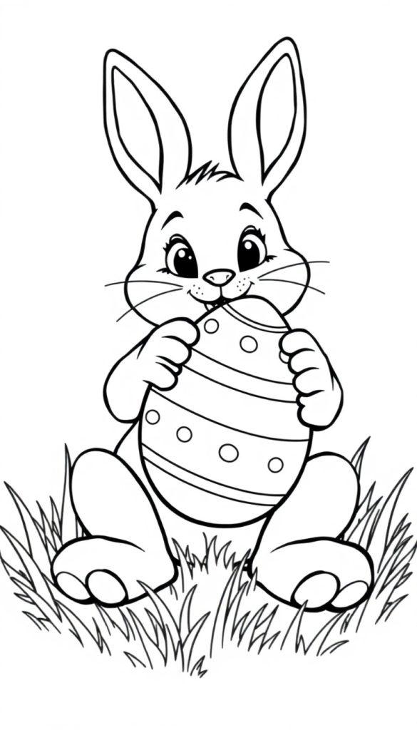 Schattige zwart-witte kleurplaat van een konijn met een versierd paasei in het gras.