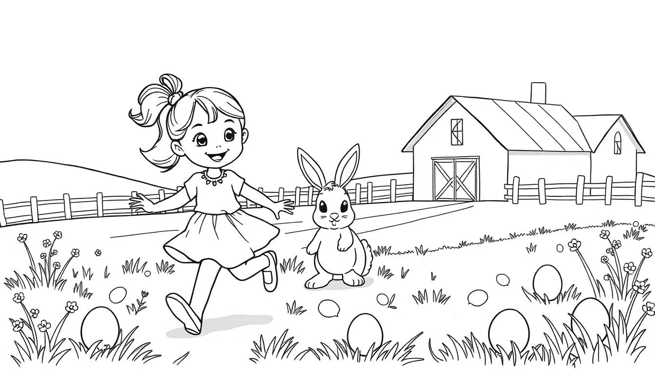 Kleurplaat van een meisje en een konijn die in een grasveld paaseieren zoeken bij een boerderij.