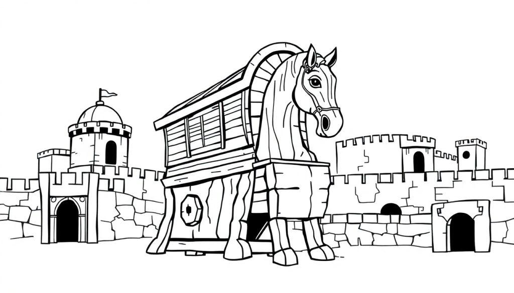 Een zwart-wit tekening van het houten paard van Troje met een stadsmuur op de achtergrond, ontworpen als kleurplaat.