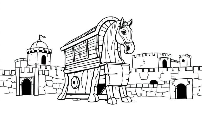 Een zwart-wit tekening van het houten paard van Troje met een stadsmuur op de achtergrond, ontworpen als kleurplaat.