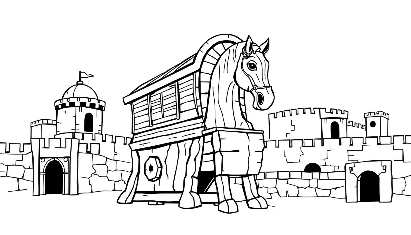 Een zwart-wit tekening van het houten paard van Troje met een stadsmuur op de achtergrond, ontworpen als kleurplaat.
