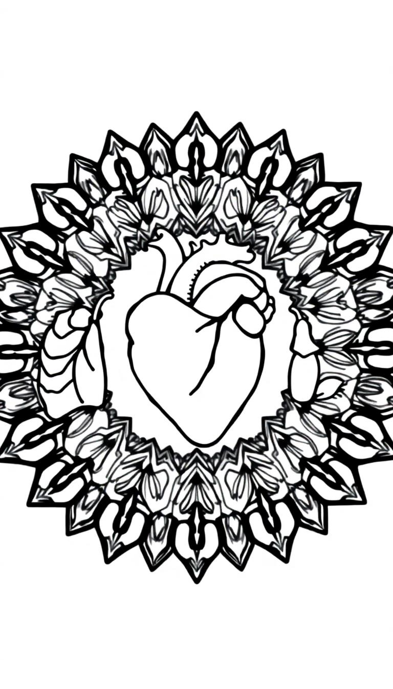 Een zwart-wit kleurplaat met een anatomisch hart in het midden, omringd door een mandala-achtig patroon van bloemen en symmetrische vormen.