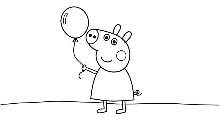 Kleurplaat van Peppa Pig met een ballon in haar hand