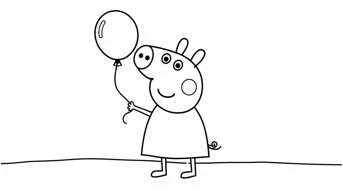 Kleurplaat van Peppa Pig met een ballon in haar hand
