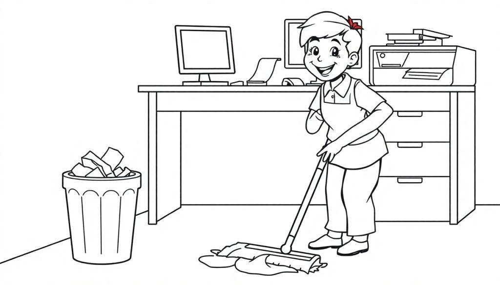 Kleurplaat van een vrolijke schoonmaker die in een kantoor dweilt, met een bureau, computer en prullenbak op de achtergrond.