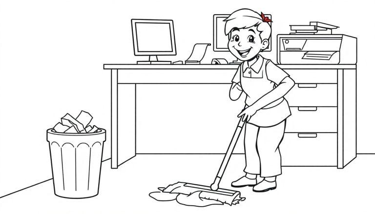 Kleurplaat van een vrolijke schoonmaker die in een kantoor dweilt, met een bureau, computer en prullenbak op de achtergrond.