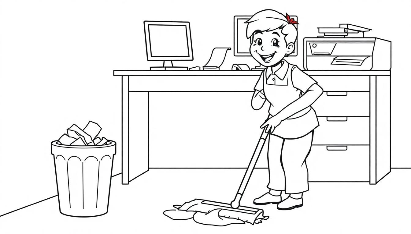 Kleurplaat van een vrolijke schoonmaker die in een kantoor dweilt, met een bureau, computer en prullenbak op de achtergrond.