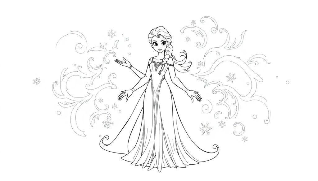 Kleurplaat van een elegante vrouw in een winterse lange jurk met sierlijke wervelingen en sneeuwvlokken.
