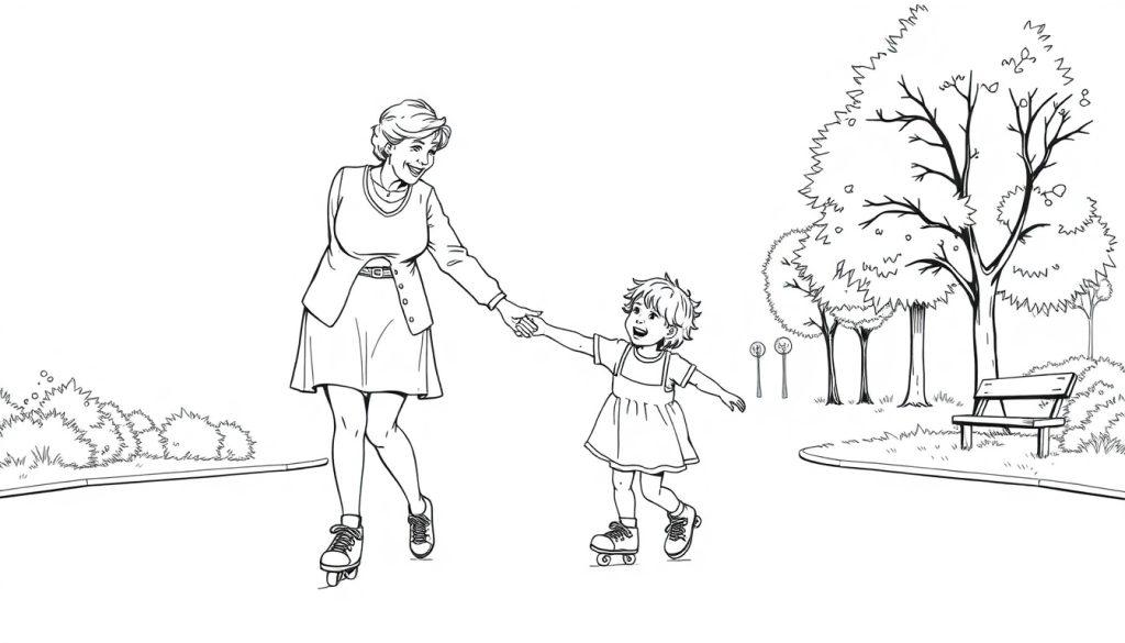 Zwart-wit kleurplaat van een oma en haar kleinkind die samen vrolijk rolschaatsen in een park met bomen en een bankje op de achtergrond.
