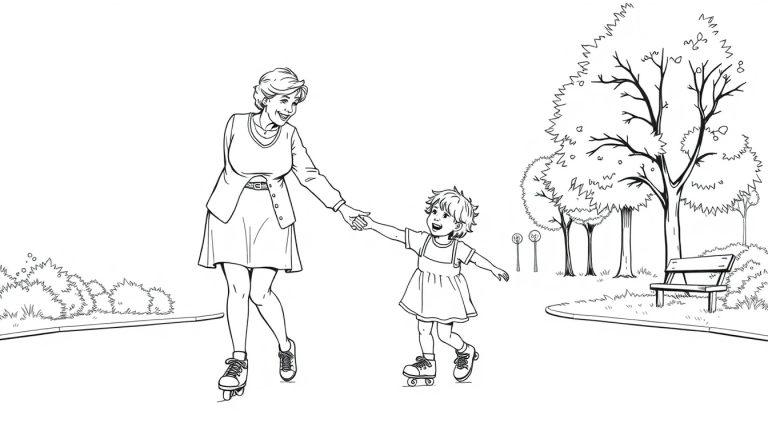 Zwart-wit kleurplaat van een oma en haar kleinkind die samen vrolijk rolschaatsen in een park met bomen en een bankje op de achtergrond.