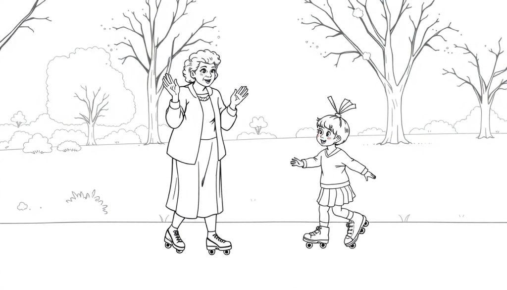Kleurplaat van oma en haar kleinkind op rolschaatsen in het park.