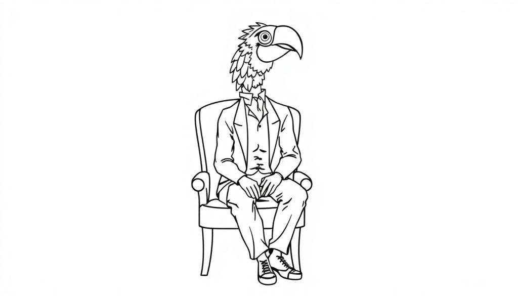 Kleurplaat van een mens met een papegaaienhoofd zittend op een stoel.