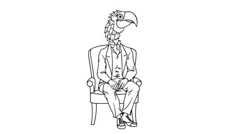 Kleurplaat van een mens met een papegaaienhoofd zittend op een stoel.