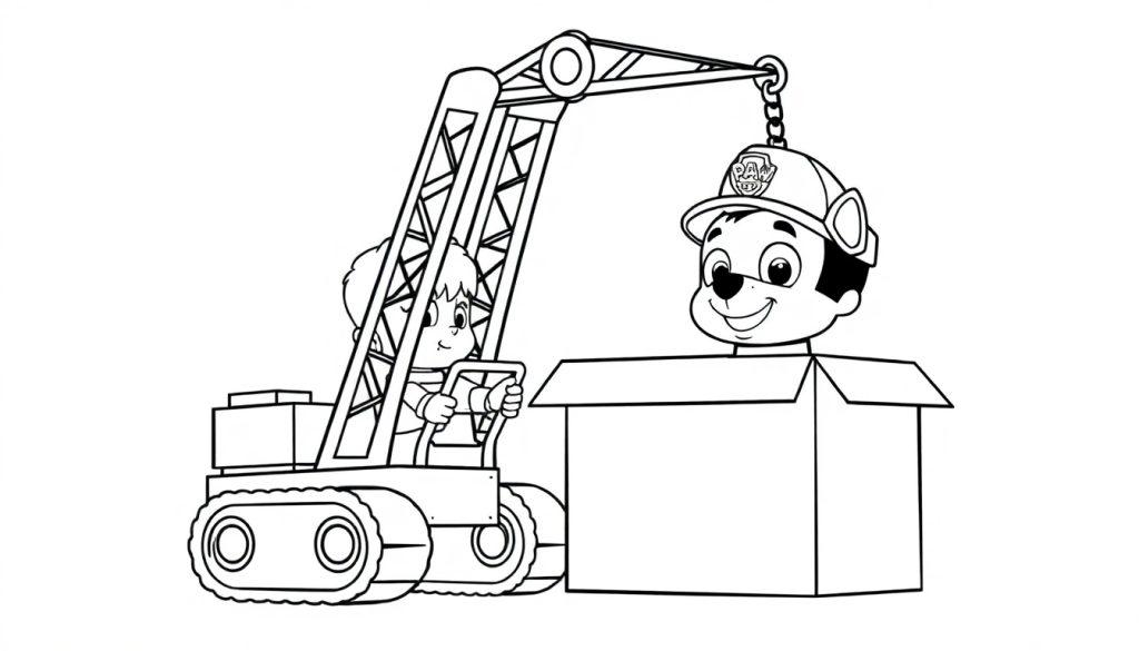 Kleurenplaat van een kind dat in een bouwvoertuig zit met een hijskraan, die een vrolijke hond met een veiligheidshelm uit een doos tilt.