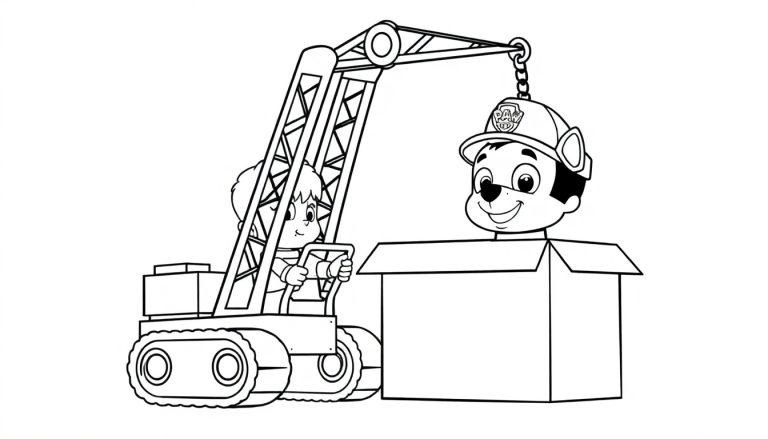Kleurenplaat van een kind dat in een bouwvoertuig zit met een hijskraan, die een vrolijke hond met een veiligheidshelm uit een doos tilt.