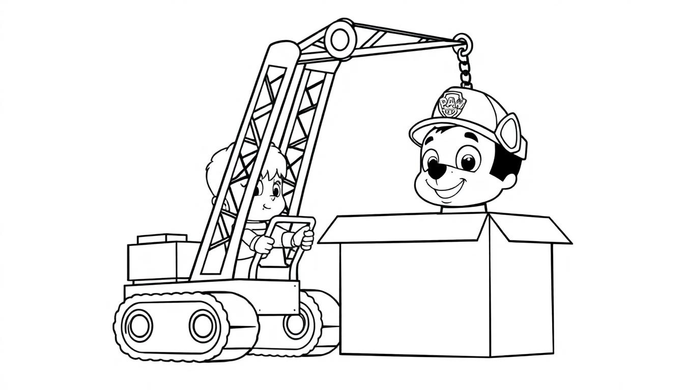 Kleurenplaat van een kind dat in een bouwvoertuig zit met een hijskraan, die een vrolijke hond met een veiligheidshelm uit een doos tilt.
