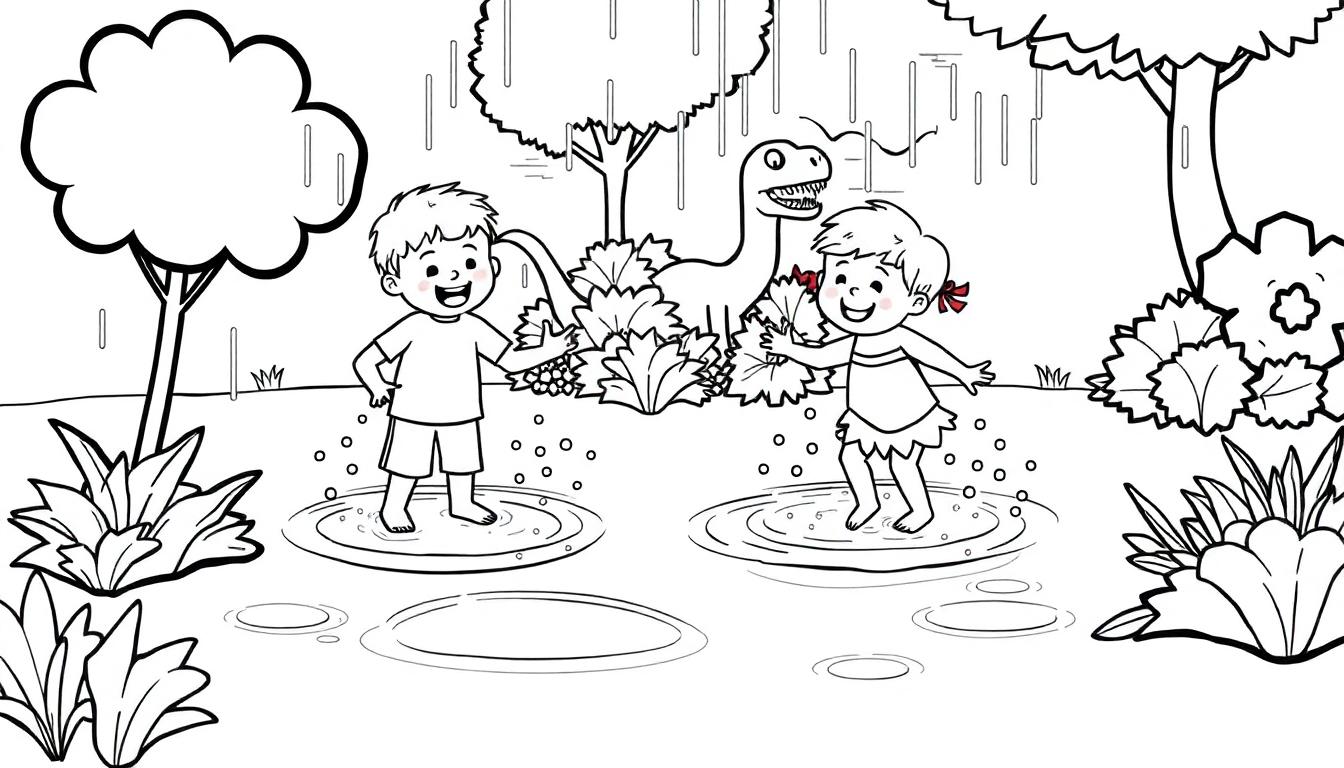 Kleurplaat van twee lachende kinderen die in regenplassen springen, met een klein dinosaurusje tussen de struiken.