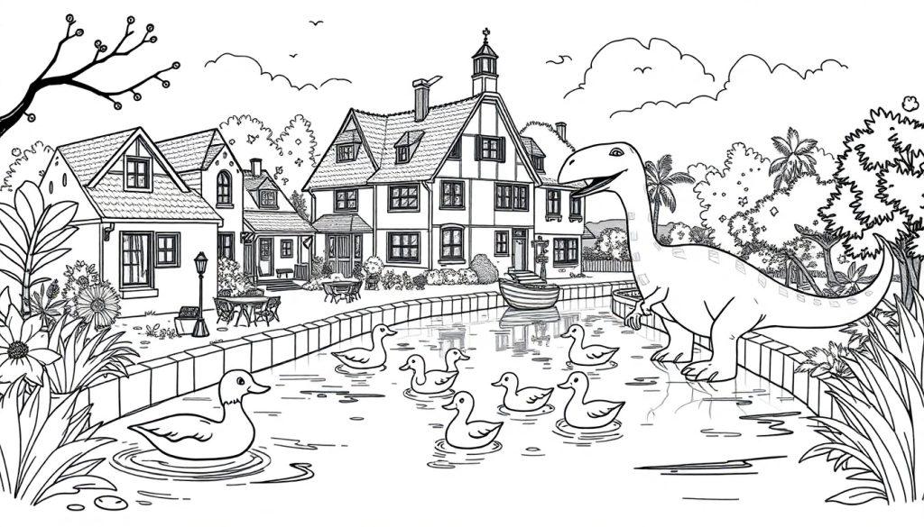 Kleurplaat van een vrolijk dorpslandschap met een grote dinosaurus en eenden in een zwart-wit tekening.