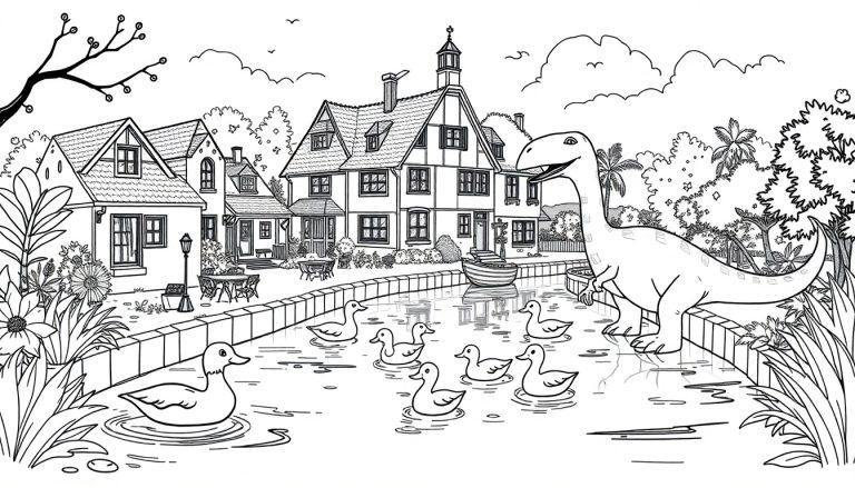 Kleurplaat van een vrolijk dorpslandschap met een grote dinosaurus en eenden in een zwart-wit tekening.
