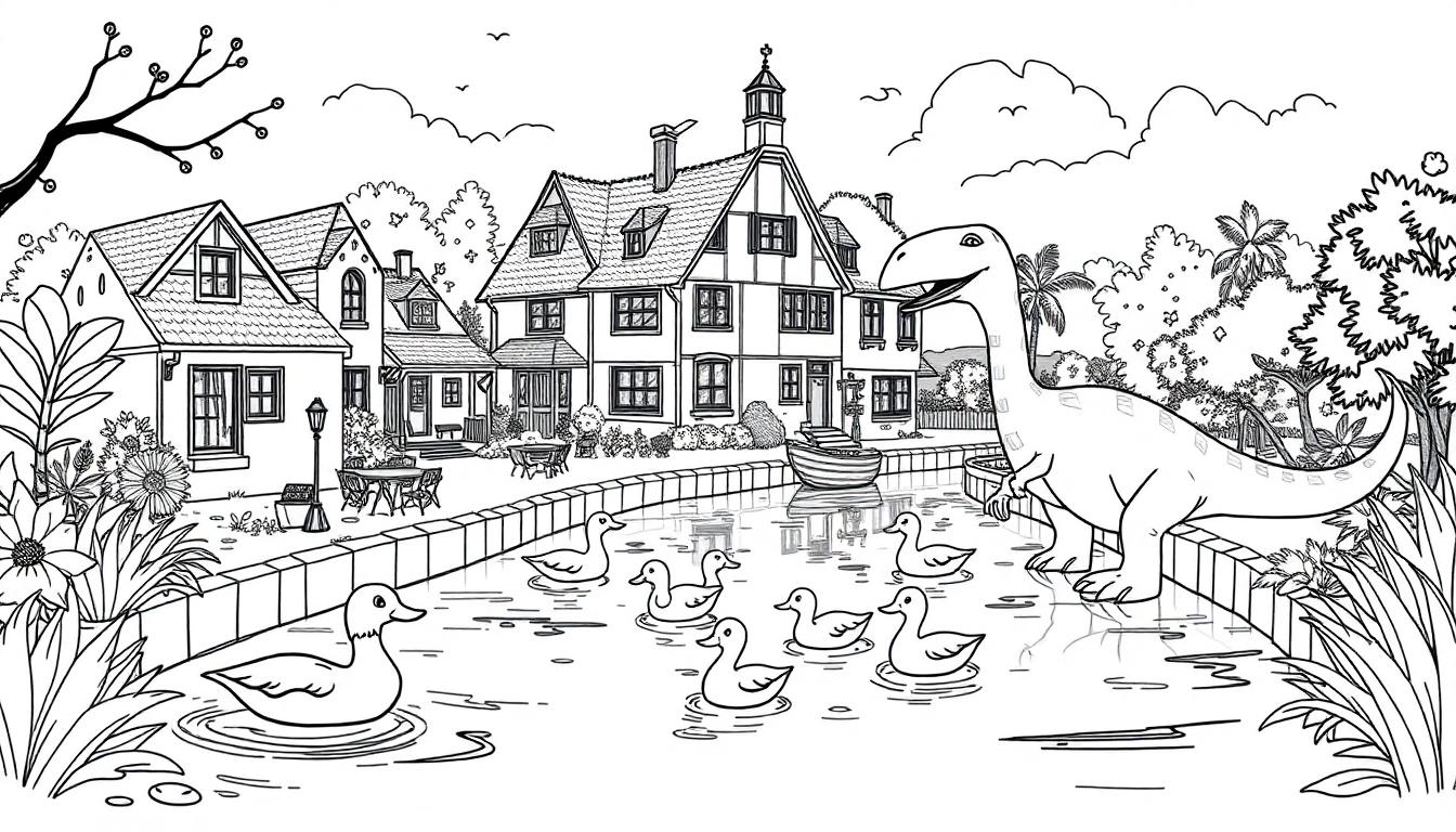 Kleurplaat van een vrolijk dorpslandschap met een grote dinosaurus en eenden in een zwart-wit tekening.