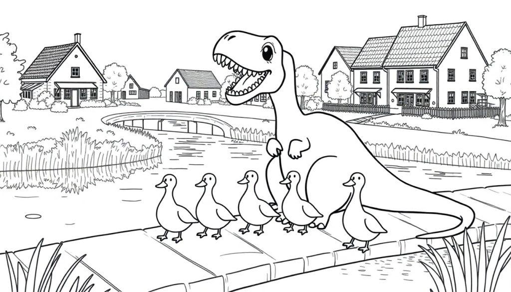 Kleurplaat van een zwart-wit tekening met eendjes op een brug en een vrolijke dinosaurus in een landelijk dorp met rivier en huizen.