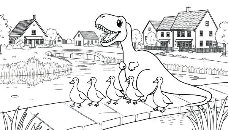 Kleurplaat van een zwart-wit tekening met eendjes op een brug en een vrolijke dinosaurus in een landelijk dorp met rivier en huizen.
