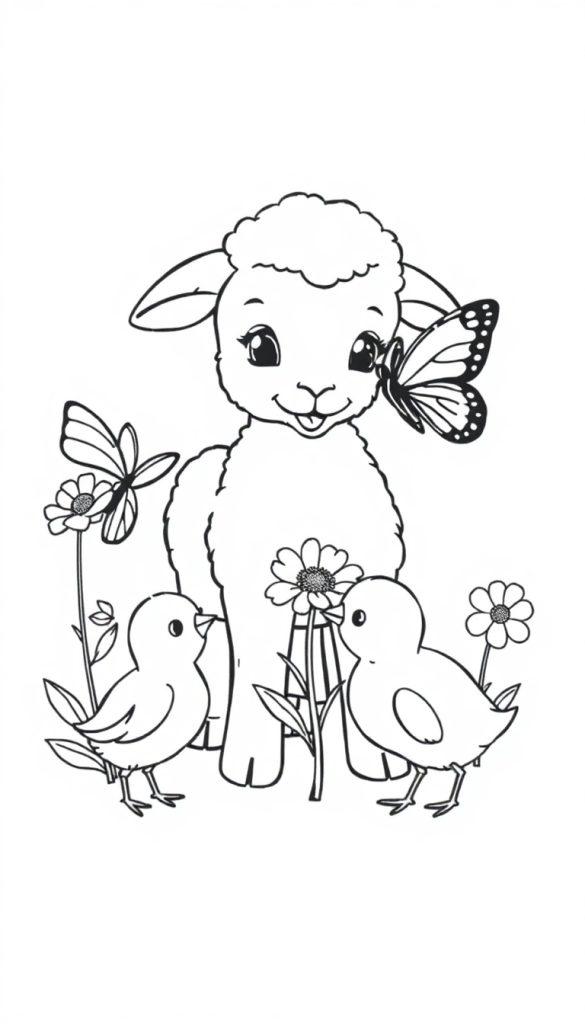 Kleurplaat van een schattig lammetje met bloemen, twee kuikens en twee vlinders, één vlinder op de wang van het lammetje.
