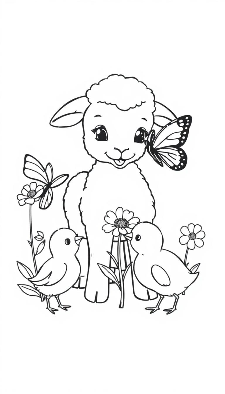 Kleurplaat van een schattig lammetje met bloemen, twee kuikens en twee vlinders, één vlinder op de wang van het lammetje.