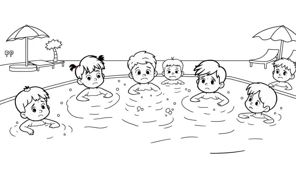 Kleurplaat van een zwembad met zes kinderen die er zorgelijk uitzien, met water tot borsthoogte en achtergrond met strandstoelen en parasols.