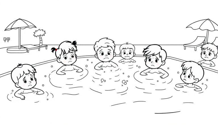 Kleurplaat van een zwembad met zes kinderen die er zorgelijk uitzien, met water tot borsthoogte en achtergrond met strandstoelen en parasols.