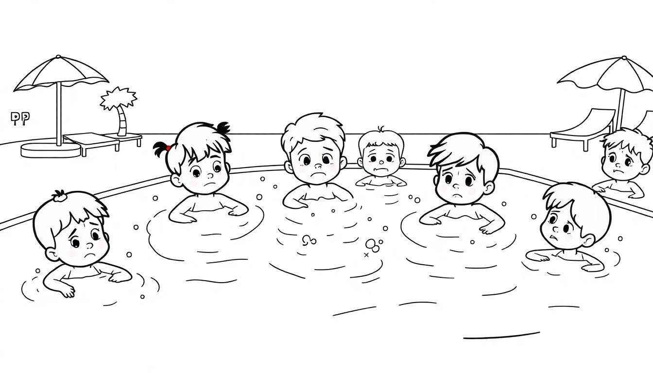Kleurplaat van een zwembad met zes kinderen die er zorgelijk uitzien, met water tot borsthoogte en achtergrond met strandstoelen en parasols.