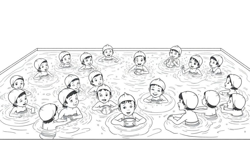 Kleurrijke zwemkleurplaat van blije kinderen die in een zwembad watertrappelen en plezier maken.