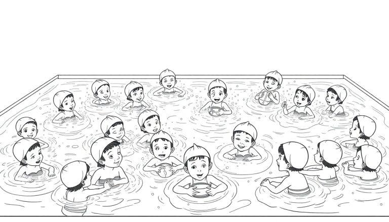 Kleurrijke zwemkleurplaat van blije kinderen die in een zwembad watertrappelen en plezier maken.