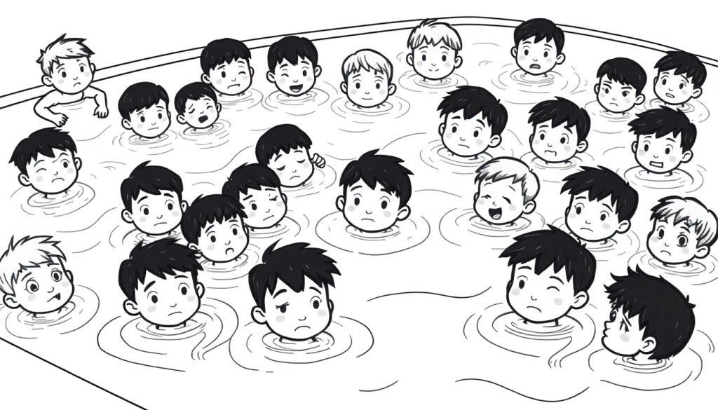 Kleurplaat van een zwembad met een groep jongens die watertrappelen, met verschillende gezichten en een jongen aan de kant.