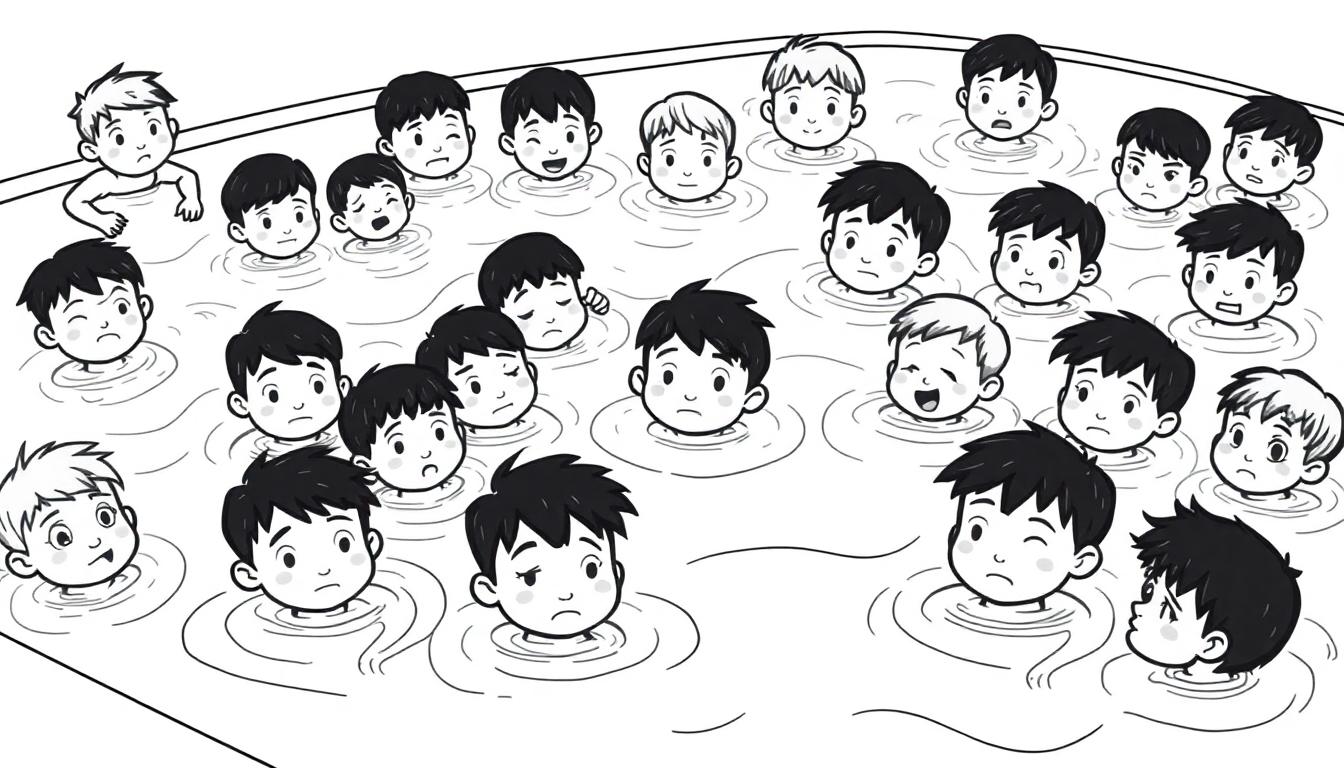 Kleurplaat van een zwembad met een groep jongens die watertrappelen, met verschillende gezichten en een jongen aan de kant.