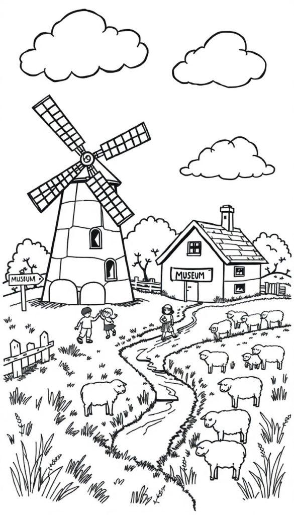 Een kleurplaat met een molen, een museumhuis, schapen, kinderspelletjes, een beek en wolken in de lucht.