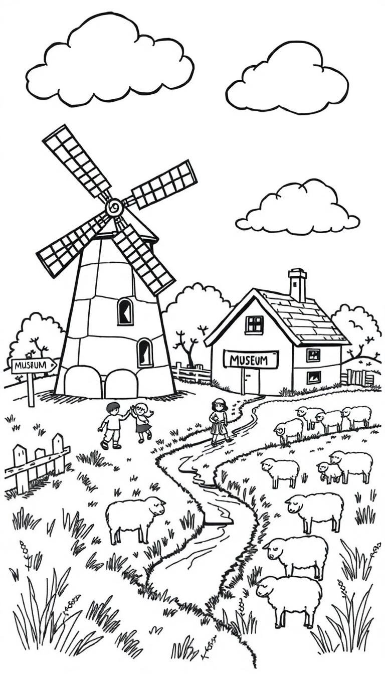 Een kleurplaat met een molen, een museumhuis, schapen, kinderspelletjes, een beek en wolken in de lucht.